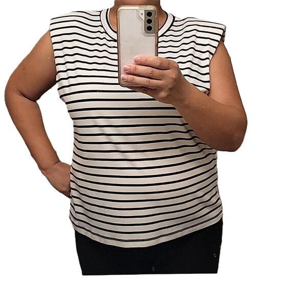 CUPSHE Black White Horizontal Striped Sleeveless Tank Top size L Shoulder Pads - Picture 14 of 14